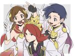  1girl 2boys :d black_gloves black_hair brown_eyes brown_hair closed_mouth collared_shirt commentary_request ethan_(champion)_(pokemon) ethan_(pokemon) fingerless_gloves gloves grey_eyes highres jacket lyra_(champion)_(pokemon) lyra_(pokemon) mocollie multiple_boys necktie official_alternate_costume open_mouth parted_bangs pokemon pokemon_masters_ex purple_necktie red_hair shirt short_hair silver_(champion)_(pokemon) silver_(pokemon) smile sweatdrop teeth twintails upper_teeth_only white_gloves white_jacket 