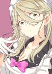  1girl apron black_shirt blonde_hair bow bowtie breasts cleavage commentary frilled_apron frills gloves hair_between_eyes hand_up highres large_breasts light_blush long_hair looking_at_viewer maid maid_headdress make_heroine_ga_oo_sugiru! mono9ron pink_bow pink_bowtie red_background sanpaku shikiya_yumeko shirt short_sleeves solo untranslatable_commentary very_long_hair white_apron white_gloves yellow_eyes 
