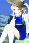  1girl blonde_hair blue_skirt blue_vest brown_hat closed_mouth commentary hair_ribbon hands_on_headwear hat highres kneehighs long_sleeves looking_at_viewer moriya_suwako red_ribbon ribbon seiryo0425 sitting skirt smile socks solo touhou tress_ribbon unfinished vest white_socks wide_sleeves yellow_eyes 