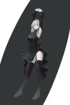  10h_(nier_reincarnation) 1girl absurdres black_background black_dress black_thighhighs blue_eyes blue_pupils boots breasts closed_mouth commentary datharuss dress eyelashes full_body garter_straps hair_over_one_eye high_heel_boots high_heels highres long_hair nier_(series) nier_reincarnation short_dress sleeveless sleeveless_dress solo standing stretching thigh_boots thighhighs two-tone_background white_background white_hair 
