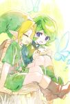 1boy 1girl belt blonde_hair blue_eyes boots brown_belt brown_boots child closed_mouth commentary_request deku_shield fairy from_side green_boots green_hair green_hairband green_hat green_tunic hairband hat holding holding_instrument holding_ocarina instrument kokiri link navi on_tree_stump open_mouth pointy_ears saria_(zelda) shield shield_on_back shoulder_belt shuri_(84k) sitting smile the_legend_of_zelda the_legend_of_zelda:_ocarina_of_time tree_stump tunic wooden_shield young_link 