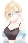  1girl aqua_hoodie bare_shoulders black_camisole blonde_hair blush breasts camisole cleavage collarbone commentary_request ear_piercing glasses green_eyes highres hood hoodie if_(ify_cappuccino) kurumi_noah kurumi_noah_(6th_costume) multicolored_hair open_mouth piercing short_hair simple_background solo striped_clothes striped_hoodie two-tone_hair virtual_youtuber vspo! 