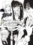  2boys 4girls black_ribbon blinking blush cat chainsaw_man closed_eyes collared_shirt commentary denji_(chainsaw_man) earrings english_commentary fami_(chainsaw_man) finger_to_own_chin fourth_east_high_school_uniform hand_to_own_mouth highres jacket jewelry light_smile long_sleeves looking_at_viewer looking_to_the_side medium_hair mitaka_asa monochrome multiple_boys multiple_girls neck_ribbon needbee_r nose_blush open_clothes open_jacket partially_colored red_eyes ribbon ringed_eyes scar scar_on_cheek scar_on_face scar_on_nose school_uniform sharp_teeth shirt sidelocks smile star_(symbol) starfish sweatdrop tassel tassel_earrings teeth v yellow_eyes yoru_(chainsaw_man) yoshida_hirofumi yuko_(chainsaw_man) 