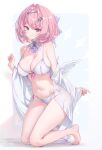  1girl bilingual_commentary bra breasts commentary english_commentary full_body grey_hairband hairband highres hong_(white_spider) kneeling large_breasts looking_at_viewer mixed-language_commentary navel open_clothes open_shirt panties pink_hair purple_eyes remielle_dan shirt side-tie_panties smile solo stomach underwear white_background white_bra white_panties white_shirt white_wings wings zenless_zone_zero 