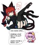  2girls :3 alice_grimm animal_ears black_dress black_hairband black_thighhighs blue_shirt bow braid buttons cat_ears cat_tail closed_mouth collared_shirt commentary disembodied_linked_eye dress english_commentary english_text eyeball feet_up frilled_dress frills garter_straps hair_bow hair_ornament hairband heart heart_button heart_hair_ornament highres kaenbyou_rin komeiji_satori lying multiple_girls multiple_tails nekomata no_shoes on_back paw_pose paw_print_soles pink_hair purple_eyes red_eyes red_hair shaded_face shirt smile speech_bubble spoken_heart tail thighhighs thighs touhou twin_braids two_tails 