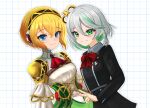  2girls absurdres aigis_(persona) aigis_(persona)_(cosplay) android ascot basher black_jacket blonde_hair blue_eyes bow bowtie cecilia_immergreen cecilia_immergreen_(1st_costume) cecilia_immergreen_(cosplay) closed_mouth commentary cosplay costume_switch crossover double-parted_bangs english_commentary gekkoukan_high_school_uniform gold_hairband green_eyes green_streaks grey_hair grid_background grin hair_between_eyes hair_ornament hairband highres hololive hololive_english jacket joints looking_at_viewer multicolored_hair multiple_girls persona persona_3 red_ascot red_bow red_bowtie robot_joints school_uniform short_hair smile streaked_hair trait_connection virtual_youtuber white_background winding_key 
