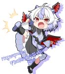  1girl bird_wings black_shoes black_skirt blush chibi chibi_only commentary_request commission commissioner_name flying_kick frilled_skirt frills full_body grey_hair head_wings highres horns kicking long_sleeves mary_janes multicolored_hair open_mouth purple_hair purple_horns red_eyes red_wings rise_(rise19851203) shoes signature simple_background single_head_wing skeb_commission skirt smile solo tokiko_(touhou) touhou translation_request two-tone_hair white_background wings 