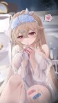  1girl absurdres anchorage_(azur_lane) anchorage_(sweet_evening_milk)_(azur_lane) azur_lane bandaid bandaid_on_knee bandaid_on_leg breasts brown_hair commentary_request drink_carton drinking drinking_straw hair_ornament hairclip heart highres holding holding_drink_carton holding_milk_carton large_breasts light_blush long_hair mask mask_on_head milk_carton official_alternate_costume pink_eyes refrigerator shirt signature single_off_shoulder sleep_mask solo speech_bubble spoken_heart t-shirt tanoki233 white_shirt x_hair_ornament 