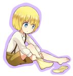  armin_arlert barefoot blonde_hair blue_eyes blush dressing feet male_focus moxue_qianxi shingeki_no_kyojin single_sock sitting socks socks_removed solo suspenders younger 