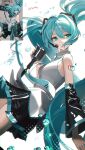  1girl absurdres aqua_eyes aqua_hair aqua_necktie art_study bare_shoulders black_skirt commentary completion_time detached_sleeves english_commentary from_side grey_shirt hatsune_miku headset highres holding holding_microphone long_hair looking_at_viewer microphone necktie number_tattoo photo-referenced pleated_skirt reference_inset rimga1616 shirt shoulder_tattoo simple_background skirt sleeveless sleeveless_shirt solo tattoo twintails very_long_hair vocaloid water_drop white_background 