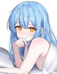  1girl bare_shoulders blue_hair closed_mouth commentary_request hair_down head_on_hand highres long_hair looking_at_viewer mahou_shoujo_no_majo_saiban nude oh24478664 pillow simple_background smile solo tachibana_sherry under_covers white_background yellow_eyes 