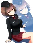  1girl absurdres black_hat black_jacket brown_eyes brown_hair closed_mouth commentary_request cross feet_out_of_frame from_above garrison_cap girls_und_panzer gratin_(kumaisao) hat highres insignia jacket kuromorimine_military_uniform long_sleeves looking_at_viewer looking_up military_hat miniskirt nishizumi_maho pleated_skirt red_shirt red_skirt shirt short_hair skirt smile solo textless_version wing_collar 