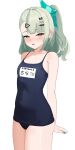  1girl 4kebidayo absurdres asymmetrical_bangs blush breasts green_eyes green_hair green_nails hair_ornament hairclip highres looking_at_viewer one-piece_swimsuit shy single_sidelock small_breasts solo sunna_(zenless_zone_zero) swimsuit thighs translated zenless_zone_zero 