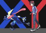  1boy asatsuki_(fgfff) black_hair blue_jacket boots bracelet calem_(pokemon) closed_mouth commentary_request eyewear_on_headwear from_side greninja grey_eyes hand_in_pocket hat highres jacket jewelry long_sleeves male_focus pants pants_tucked_in pokemon pokemon_(creature) pokemon_x_and_y red_hat roller_skates short_hair skates smile standing sunglasses turtleneck turtleneck_jacket 