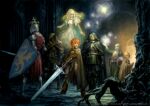 absurdres armor black_cape black_hood blade_&amp;_bastard blonde_hair brown_cape cape copyright_notice dungeon fantasy garbage_(blade_&amp;_bastard) greatsword hair_over_one_eye helmet highres holding holding_shield holding_sword holding_weapon iarumas_(blade_&amp;_bastard) japanese_armor knight lulunarde_(wizardry) official_art red_hair samurai shield short_hair single_sidelock suemi_jun sword torn_clothes two-handed_sword weapon white_hair wizardry wizardry_variants_daphne 
