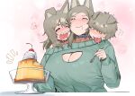  3girls :i animal_ears breasts cherry choker cleavage_cutout closed_eyes clothing_cutout collar conjoined dog_ears dog_girl drooling flying_sweatdrops food food_on_face fruit green_sweater grey_hair hair_over_eyes happy highres holding holding_spoon huge_breasts maikamiaka multiple_girls multiple_heads open_mouth original pink_background pudding sharp_teeth sparkle spiked_collar spikes spoon sweater tears teeth tongue tongue_out whipped_cream 
