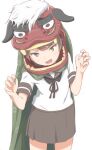  1girl black_neckerchief blush brown_eyes brown_hair brown_sailor_collar brown_skirt cape claw_pose commentary_request cowboy_shot green_cape helmet highres kantai_collection lower_teeth_only medium_hair miniskirt neckerchief open_mouth parted_bangs pleated_skirt sailor_collar shikinami_(kancolle) shirt short_sleeves sidelocks simple_background skirt solo standing teeth thighs wachi_(hati1186) white_background white_shirt 