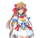  1girl ahoge blue_eyes blush bow breasts brown_hair cleavage cleavage_cutout clenched_teeth clothing_cutout crown dress elbow_gloves game_asset gloves hair_bow hair_ribbon kamei large_breasts large_variant_set long_hair looking_at_viewer magical_girl non-web_source official_art one_eye_closed pain puffy_short_sleeves puffy_sleeves ribbon sakurai_natsuki seisenki_valkyrie_sisters self-datamine short_sleeves simple_background skirt solo tachi-e teeth tiara transparent_background v-shaped_eyebrows valkyrie_moon variant_set very_long_hair white_gloves wince 