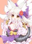  1girl animal_ears bell black_dress blue_bow bow breasts choker cleavage cleavage_cutout clothing_cutout commentary_request dress emil_chronicle_online flower fox_ears fox_girl fox_tail frilled_choker frilled_dress frilled_jacket frills hair_bow hair_flower hair_ornament jacket large_breasts long_hair looking_at_viewer multiple_tails open_mouth orange_background pointing pointing_up purple_bow purple_sash red_ribbon ribbon ribbon-trimmed_dress ribbon-trimmed_jacket ribbon_trim sash solo tail tamamo_lore white_hair white_jacket yellow_eyes yusa_yuyu 