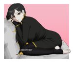  1girl alternate_costume binah_(project_moon) black_dress black_eyes black_hair black_nails blonde_hair border breasts commentary couch dress english_commentary eyelashes highres k3nnyn3v large_breasts looking_at_viewer mole mole_under_eye multicolored_hair nail_polish on_couch outside_border parted_bangs pink_background project_moon sitting smile solo stirrup_legwear streaked_hair toeless_legwear toes two-tone_hair white_border 
