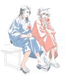  2boys alternate_costume bench candy_apple ch_walnut commentary crossed_legs facial_hair food highres holding japanese_clothes kimono leon_(pokemon) male_focus medium_hair multiple_boys open_mouth pokemon pokemon_sword_and_shield raihan_(pokemon) sandals sitting toes white_background yellow_eyes yukata 