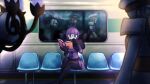  1girl 2boys battle_subway black_coat black_hat blunt_bangs bob_cut book breasts brothers chandelure coat collared_coat collared_shirt commentary crossed_legs elbow_gloves emmet_(pokemon) english_commentary fire glasses gloves grey_eyes grey_hair hat highres holding holding_book holding_pen ingo_(pokemon) low_neckline medium_breasts multiple_boys neck_pillow pantyhose peaked_cap pen pokemon pokemon_(creature) pokemon_black_and_white purple_eyes purple_fire purple_hair purple_skirt rimless_eyewear round_eyewear shauntal_(pokemon) shirt shiseptiana short_hair siblings sidelocks skirt striped_coat twins white_coat white_hat 