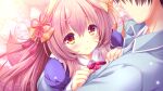  1boy 1girl animal_ear_fluff animal_ears blush bow brown_hair fox_ears fox_tail game_asset hair_ornament highres hug long_hair madohi_shiroki_no_kamikakushi moekibara_fumitake pink_hair ribbon smile tail tooki_roka 