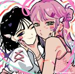  2girls alien_stage camisole cheek-to-cheek commentary dress ear_piercing english_commentary facepaint green_eyes hand_on_another's_face heads_together highres lesbian_flag litzdrawsalot long_hair looking_at_viewer mizi_(alien_stage) multiple_girls piercing pink_camisole pink_hair pink_nails purple_eyes short_hair sparkle sua_(alien_stage) twitter_username white_dress yuri 