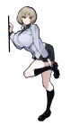  1999narurato 1girl absurdres against_wall black_socks breasts brown_eyes brown_hair brown_shoes commentary devil_survivor_(series) devil_survivor_2 from_side highres huge_breasts megami_tensei nitta_io pleated_skirt shoes simple_background skirt socks solo thighs white_background 