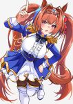  1girl absurdres aiguillette animal_ears black_bow black_thighhighs blue_jacket blue_skirt blush bow breasts brown_hair center_frills commentary_request daiwa_scarlet_(peak_blue)_(umamusume) daiwa_scarlet_(umamusume) epaulettes fang frills hair_intakes highres horse_ears horse_girl horse_tail jacket juliet_sleeves large_breasts layered_legwear layered_skirt long_hair long_sleeves looking_at_viewer mekoneko0478 open_mouth puffy_sleeves red_eyes shirt shoes skin_fang skirt solo tail thighhighs tiara twintails umamusume very_long_hair white_shirt white_shoes white_skirt white_thighhighs 