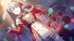  5girls artist_request belt black_belt black_gloves blue_hair closed_mouth detached_sleeves dutch_angle game_asset glasses gloves green_eyes hair_ribbon hat himekawa_senka holding holding_microphone holding_tambourine ikoma_aoi_(muv-luv) kira_kurara long_hair microphone multiple_girls muv-luv muv-luv_girls_garden namise_uruu official_art one_side_up open_mouth red_gloves red_hair red_ribbon ribbon santa_costume santa_hat thigh_strap third-party_source very_long_hair yellow_eyes yunagi_maia 