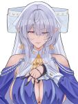  1girl absurdres bare_shoulders breasts clothing_cutout commentary cropped deex earrings grey_hair hand_up highres jewelry large_breasts long_hair looking_at_viewer mole mole_under_mouth one_eye_closed pointy_ears purple_eyes shoulder_cutout simple_background solo tongue tongue_out upper_body velina_airgid white_background zenless_zone_zero 