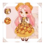  1girl absurdres argyle_clothes argyle_skirt artist_request black_shirt blouse border bow brown_bow brown_eyes brown_shoes chibi chinese_commentary close-up commentary_request commission eyelashes floral_rebirth_(infinity_nikki) food food_print footwear_bow frilled_shirt_collar frills fruit fruit_print hair_bow hair_ornament highres infinity_nikki large_bow light_blush long_hair mary_janes medium_skirt nikki_(nikki) nikki_(series) open_mouth orange_bow orange_skirt outside_border pantyhose persimmon picture_frame pink_background pink_hair pleated_skirt pointing pointing_up print_skirt second-party_source shirt shoes skirt sleeveless sleeveless_shirt smile solo standing striped_bow teeth upper_teeth_only very_long_hair white_border white_pantyhose zoom_layer 