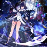  1girl 3d absurdres ahoge arm_scarf bare_shoulders blush bug butterfly closed_mouth commentary_request dress earrings gloves hair_between_eyes highres holding holding_scythe honkai_(series) honkai_impact_3rd jewelry kurogoma_(meganegurasan) long_hair mikumikudance_(medium) purple_butterfly purple_eyes purple_hair purple_scarf scarf scarf_choker scythe seele_vollerei seele_vollerei_(wings_of_panacea) short_hair smile solo standing thighs 