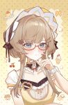  1girl adjusting_eyewear alternate_costume blue_eyes bonnet brown_hair commentary creme_caramel dessert food frills genshin_impact hair_ornament hairclip heart highres ice_cream index_finger_raised llwd010 looking_at_viewer pout pudding red-framed_eyewear ribbon sandrone_(genshin_impact) semi-rimless_eyewear shirt short_hair_with_long_locks short_sleeves soft_serve solo untranslatable_commentary upper_body yellow_shirt 