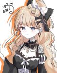  1girl artist_name black_choker black_dress blonde_hair blue_eyes bow braid breasts choker cleavage closed_mouth commentary_request cross cross_earrings dress dress_bow earrings fishnet_sleeves fishnets frilled_choker frilled_dress frilled_skirt frilled_sleeves frills hair_bow harumaking highres hoop_earrings jewelry long_hair long_sleeves mahou_shoujo_no_majo_saiban medium_breasts mole mole_under_eye saeki_miria signature simple_background skirt smile solo white_background 