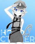  1boy absurdres arm_up bare_arms basher belt belt_buckle blue_background blue_bow blue_eyes boros_(ouro_kronii) bow buckle closed_mouth commentary cowboy_shot crossdressing crossdressing_(mtf) cuffs english_commentary gloves greyscale_with_colored_background hair_between_eyes hair_bow handcuffs hat highres holding holding_with_tail hololive hololive_english looking_at_viewer male_focus necktie peaked_cap pencil_skirt personification pointy_ears police police_hat police_uniform prehensile_tail salute shirt short_hair skirt sleeveless sleeveless_shirt smile snake_boy snake_tail solo spot_color tail trap virtual_youtuber 
