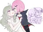  2girls ascot black_cape blush cape commentary dress eye_contact fang green_hair hand_on_another's_arm hat highres kusanagi_nene long_hair looking_at_another multiple_girls ootori_emu open_mouth pink_eyes pink_hair project_sekai purple_eyes ryu_kasuis short_hair simple_background smile sparkle stuffed_animal stuffed_toy sweatdrop teddy_bear vampire white_ascot white_background white_dress yuri 