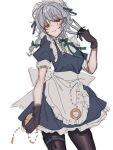  1girl amatukimahoro apron back_bow between_fingers blue_dress bow braid brown_gloves brown_pantyhose closed_mouth commentary_request dress gloves green_bow grey_hair hair_bow highres holding holding_knife holding_pocket_watch izayoi_sakuya knife knives_between_fingers long_hair looking_at_viewer maid maid_headdress pantyhose pinafore_dress pocket_watch puffy_short_sleeves puffy_sleeves red_eyes short_sleeves sketch sleeveless sleeveless_dress smile solo thigh_strap touhou twin_braids waist_apron watch weapon_in_garters white_apron white_bow 