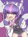  1girl black_shirt black_skirt blush headgear highres kimi_(user_vppd4758) lab_coat leaning_forward makina_the_dark_(taiko_no_tatsujin) mesugaki multicolored_hair naughty_face open_mouth pink_hair purple_eyes purple_hair ribbon shirt short_hair skirt smile solo standing streaked_hair taiko_no_tatsujin 