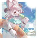 1girl absurdres animal_ear_fluff animal_ears ass bare_shoulders beach bikini black_choker blue_sky braid braided_twintails character_name choker commentary_request english_commentary food frilled_bikini frills furry furry_female green_bikini hair_ornament highres holding holding_food holding_popsicle holding_swim_ring long_hair looking_at_viewer mixed-language_commentary ocean open_mouth outdoors pink_fur pink_hair popsicle rabbit_ears rabbit_girl ranschnell sand screw sky solo sphere_hair_ornament sun swim_ring swimsuit tongue tongue_out water zenless_zone_zero zhao_(zenless_zone_zero) 