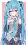  1girl absurdres aqua_eyes aqua_hair aqua_necktie aqua_trim bare_shoulders black_skirt black_sleeves blush border breasts cigarette collared_shirt commentary commission detached_sleeves expressionless fingernails front_slit gradient_background grey_shirt hair_between_eyes hair_ornament hand_up hatsune_miku highres holding holding_cigarette holding_lighter jitome lighter long_hair long_sleeves looking_at_viewer medium_breasts miniskirt necktie outline outside_border parted_lips pink_background shiroma_renri shirt skirt sleeveless sleeveless_shirt smoke smoke_trail smoking solo standing twintails upper_body very_long_hair vocaloid white_border white_outline wide_sleeves zettai_ryouiki zippo_lighter 