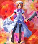  1girl 2000s_(style) absurdres back_bow beret black_thighhighs blue_skirt blue_wrist_cuffs boots bow bowtie breasts brown_boots closed_mouth commentary dot_nose dress english_commentary faux_retro_artstyle floral_background full_body hashitsuki_nata hat highres higurashi_no_naku_koro_ni holding holding_own_dress holding_weapon knee_boots lace-up_boots looking_at_viewer medium_breasts medium_hair miniskirt nata_(tool) orange_hair parted_bangs pixel_cloud puffy_short_sleeves puffy_sleeves purple_bow purple_bowtie ryuuguu_rena short_sleeves skirt skirt_under_dress smile solo split_mouth standing thighhighs weapon white_dress white_hat wrist_cuffs zettai_ryouiki zoom_layer 