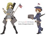  2girls american_civil_war american_flag boots chain commentary_request confederate_flag css_virginia ernest eyepatch garter_straps gun hat highres historical_event military military_uniform multiple_girls original personification photoshop_(medium) smokestack thighhighs uniform united_states_navy uss_monitor weapon 