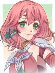  1girl absurdres alexandra_(fire_emblem) armpits border breasts circlet closed_mouth commentary dress fire_emblem fire_emblem:_fortune's_weave gradient_background green_background green_eyes hair_between_eyes highres looking_at_viewer medium_hair pink_dress pink_hair queenofdelight small_breasts smile solo white_border yellow_background 