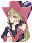  1girl absurdres asymmetrical_sleeves bare_shoulders black_dress black_sleeves blonde_hair breasts commentary detached_sleeves dress green_eyes hair_between_eyes hat head_rest highres jester_cap long_bangs long_hair looking_ahead magilou_(tales) mismatched_sleeves multicolored_hat pink_dress pink_sleeves piyoko_369 pointy_ears ribbon small_breasts solo tales_of_(series) tales_of_berseria two-tone_dress upper_body very_long_hair white_background witch_hat yellow_ribbon 