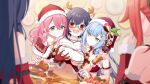  5girls animal_ears arm_garter artist_request black_hair blue_hair blush bow bowtie breasts capelet closed_mouth deer_ears embarrassed food fur-trimmed_capelet fur-trimmed_collar fur-trimmed_headwear fur_trim game_asset glasses gloves grabbing_another's_breast green_eyes groping hair_ornament hairclip hat heart heart_hair_ornament himekawa_senka ikoma_aoi_(muv-luv) indoors jewelry kira_kurara long_hair mole mole_under_eye multicolored_hair multiple_girls muv-luv muv-luv_girls_garden namise_uruu navel necklace official_art open_mouth purple_eyes red_eyes red_gloves red_hair red_hat santa_hat short_hair smile sparkle teeth third-party_source upper_teeth_only white_gloves yunagi_maia 