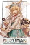  1girl :d absurdres animal_ears arknights basket black_cat blonde_hair blue_hairband blue_skirt cardigan cat character_name chinese_commentary commentary_request cross-laced_clothes cross-laced_skirt cross-laced_slit fox_ears fox_girl fox_tail frilled_hairband frills green_eyes hairband heixiu highres holding holding_basket kitsune kyuubi long_hair long_sleeves looking_at_viewer luo_xiaohei luo_xiaohei_(cat) mido_(mido_chen) multiple_tails neck_ribbon official_alternate_costume open_cardigan open_clothes open_mouth puffy_long_sleeves puffy_sleeves red_ribbon ribbon skirt smile suzuran_(arknights) suzuran_(spring_praise)_(arknights) tail the_legend_of_luo_xiaohei white_cardigan zoom_layer 