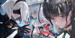  2b_(nier:automata) 3girls absurdres alcohol black_hair black_hairband blindfold blush bottle breasts cleavage_cutout clothing_cutout covered_eyes crossover cup drunk eve_(stellar_blade) fingerless_gloves gloves goddess_of_victory:_nikke grey_hair hairband hat highres holding holding_bottle holding_cup jingasa koto_omikami long_hair multiple_girls nier:automata nier_(series) rain sakazuki sake scarlet_(nikke) short_hair stellar_blade tokkuri upper_body white_hair 