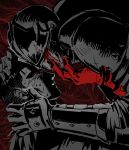  2boys armor blood blood_on_armor blood_on_face commentary_request crusader_(darkest_dungeon) crying darkest_dungeon dd_pepekang gauntlets gloves hand_on_another's_arm hand_on_another's_face hands_on_another's_face helmet highres highwayman_(darkest_dungeon) jacket korean_commentary looking_at_another male_focus multiple_boys partially_colored pauldrons red_eyes red_gloves short_hair shoulder_armor vambraces yaoi 